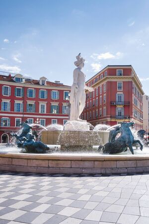 Central square in Nice, Provance_Alpes-Cote d'Azur, French,  August 15, 2018; Historic  Massena square in Nice with Appolo sculpture. World Famous Place.のeditorial素材