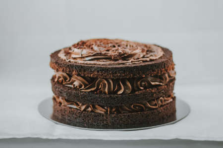 Delicious rich dark cake on white background. Beautiful tasty sweet dessert with multiple layers decorated with brown frostingの写真素材