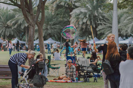 People walking at the park. Kids play and adults go around in the fair with green grass, palms, emerald trees, interesting flag decoration.のeditorial素材