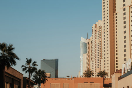 Urban Modern Skyscrapers Architecture Buildings with Blue Sky and Palm Treesの写真素材