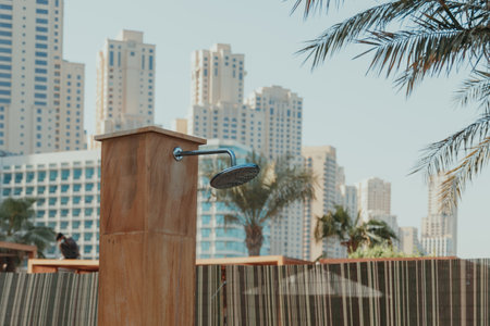 Outdoor shower with city skyline and palm trees in the backgroundの写真素材