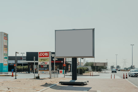 Dubai, UAE - October 6, 2020: Empty outdoor advertising billboard near Ibn Battuta Gate with retail stores and parkingのeditorial素材