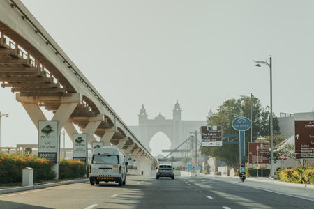 Dubai, UAE â€“ May 9, 2020 Monorail track leading to Atlantis The Palm in Dubai, with Palm...