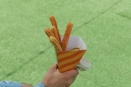 Person holding a paper cone of churros snack with dipping sauce on a sunny day in an outdoor setting...