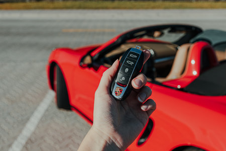 Dubai, UAE - February 14 2020: Hand holding Porsche key fob with red Porsche Boxster in the background on Palm Jumeirahのeditorial素材