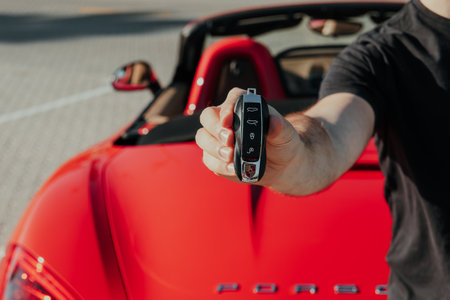 Dubai, UAE - February 14 2020: Hand holding Porsche key fob in front of red Porsche Boxster on Palm...