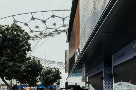 Dubai, UAE - February 12, 2020: Exterior view of Roxy Cinema at Dubai City Walk with modern architectural elementsのeditorial素材