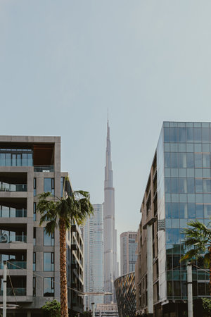 Dubai, UAE - February 12, 2020: Burj Khalifa towering over modern buildings at Dubai City Walkのeditorial素材