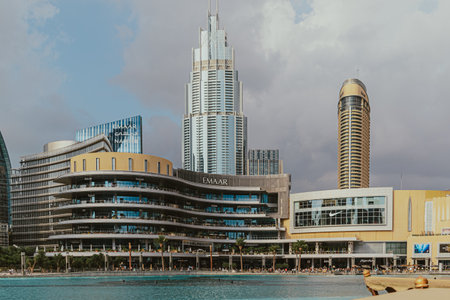 Dubai, UAE - February 12, 2020: Dubai Mall and Emaar buildings in downtown Dubaiのeditorial素材