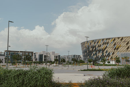 Dubai, UAE - February 12, 2020: Modern architecture Coca-Cola Arena and residential area in Dubai City Walkのeditorial素材
