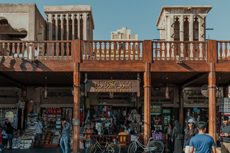 Dubai, UAE - January 6, 2020: Entrance to the bustling Grand Souq in Deira, Dubai, with shoppers and...