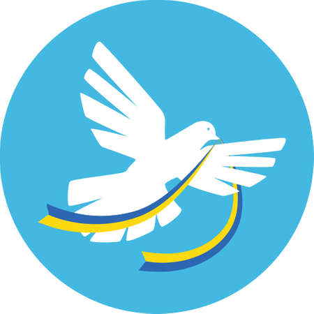 White bird of the world on the background of a circle in the color of blue sky. Peace symbol, no war concept. Flat style vector illustration with white pigeon holding ribbon with colors of Ukrainian Flagのイラスト素材
