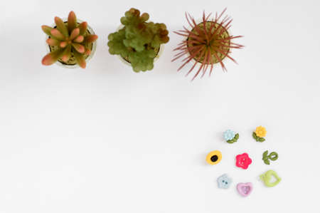 Sewing accessories on a white background. Sewing threads, pins, fabric, buttons. Top view, flat lay. Spring colorの写真素材