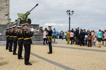 Kerch, Russia 05 09 2019: Parade Victory Day. People participate in the patriotic action Immortal Regiment. They are holding portraits of people who participated in the Great Patriotic War.のeditorial素材