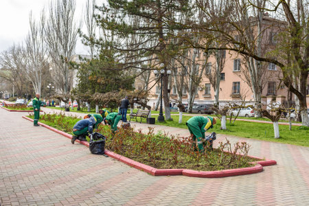 Kerch Russia - April 20 2021 city garden, landscaping and cleaning of the city, spring pruning of roses, people are workingのeditorial素材