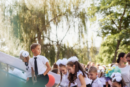 Kerch Russia September 1, 2020 - children go to school, first bell, smart students, children with...