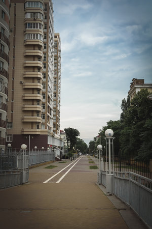 Krasnodar Russia - June 2018: The modern buildings and historical monument on Krasnaya street in Krasnodar downtown. summer time in South Russia.のeditorial素材
