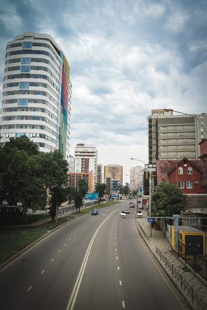 Krasnodar Russia - June 2018: The modern buildings and historical monument on Krasnaya street in Krasnodar downtown. summer time in South Russia.のeditorial素材