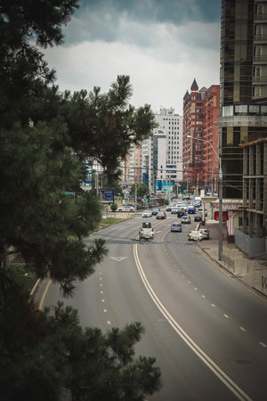Krasnodar Russia - June 2018: The modern buildings and historical monument on Krasnaya street in Krasnodar downtown. summer time in South Russia.のeditorial素材