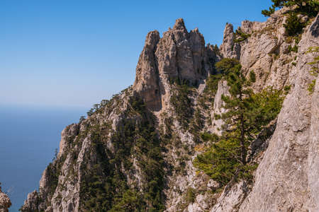 High rocks Ai-Petri of Crimean mountains. Black sea coast and blue sky with clouds. Russia. pine mountain Crimean forestの写真素材