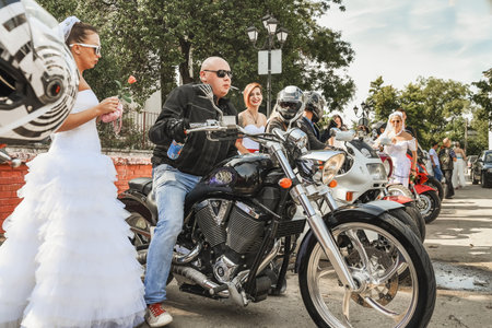 Kerch Russia - September 9 2019 - festival of brides, a holiday of all brides and wedding dresses. All the brides of the region went out on motorcycles and in wedding decorated carsのeditorial素材