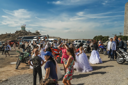 Kerch Russia - September 9 2019 - festival of brides, a holiday of all brides and wedding dresses. All the brides of the region went out on motorcycles and in wedding decorated carsのeditorial素材