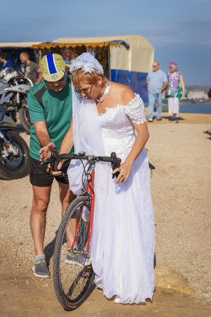 Kerch Russia - September 9 2019 - festival of brides, a holiday of all brides and wedding dresses. All the brides of the region went out to dance and show their wedding dresses - a fun and beautiful holidayのeditorial素材