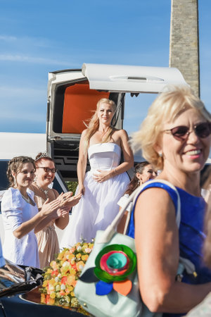 Kerch Russia - September 9 2019 - festival of brides, a holiday of all brides and wedding dresses. All the brides of the region went out on motorcycles and in wedding decorated carsのeditorial素材