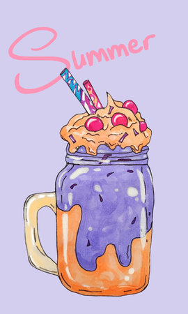 Hand drawn milkshake elementor sweet design. Ice cream, milkshake, sundae kids, cupcake, fruit freakshake with marshmallow, blueberry cocktail on lilac backgroundの写真素材