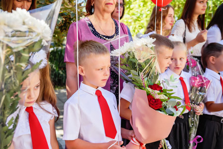 Kerch Russia - September 1, 2020 - children go to school, first bell, childrens in school uniforms,...