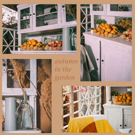 Veranda of countryside house in autumn season. Autumn arbor, with yellow tree near it. ... Autumn picnic on the terraceの写真素材