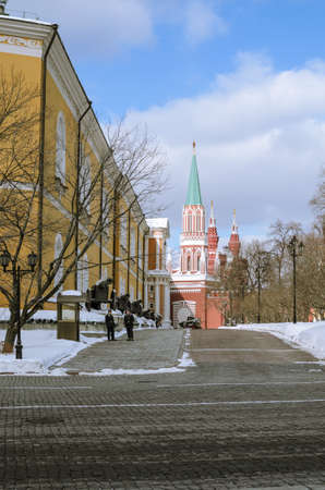 Moscow. Russia. The Red Square. Kremlin. Spasskaya Tower. Russian Federation. Travel to Russia. Hours on Red Square. Chimes on the Spassky Tower. Center of Russia. Kremlin walls.の写真素材
