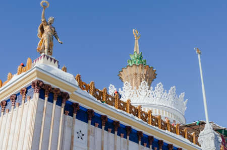 Historical architecture of the times of the USSR at VDNKh in Moscow on a winter dayの写真素材