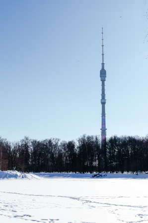 Ostankino tower and elevated rapid transit system in Moscow, Russiaの写真素材
