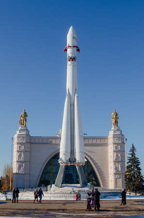 Historical architecture of the times of the USSR at VDNKh in Moscow on a winter dayの写真素材