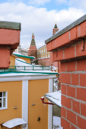 Moscow. Russia. The Red Square. Kremlin. Spasskaya Tower. Russian Federation. Travel to Russia. Hours on Red Square. Chimes on the Spassky Tower. Center of Russia. Kremlin walls.の写真素材