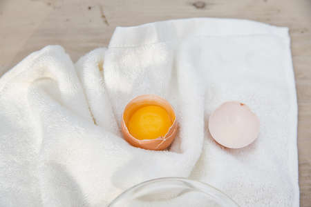 Close up image of organic chicken eggs are one of the food ingredients on the restaurant table in...