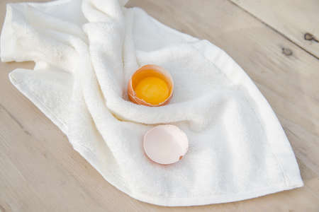 Close up image of organic chicken eggs are one of the food ingredients on the restaurant table in...