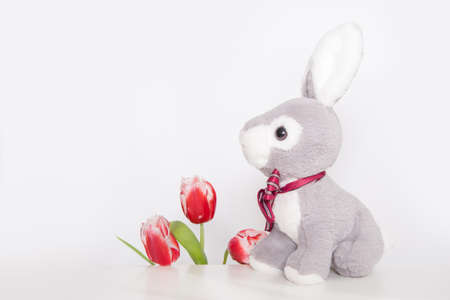 three red tulips and easter bunny on a white background close close up, springtime