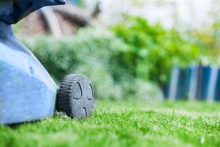 selective focus lawn mower in the spring garden on the lawn, fresh green cut grass, flowers out of...