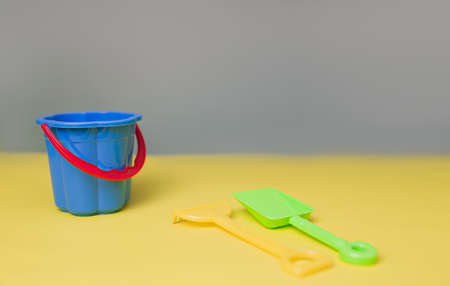 Beach Accessories On Blue and Yellow - Summer Holiday Banner.の写真素材