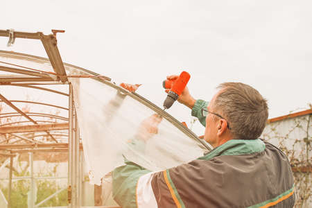 Mature man inspects old greenhouse for renovation on a spring day, greenhouse repairの写真素材