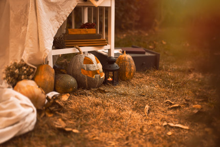 Happy halloween Carving pumpkin on the table in the garden. Happy family preparing for Halloween. background photoの写真素材