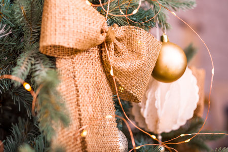 Decorated Christmas tree on blurred background, winter time, cardの写真素材