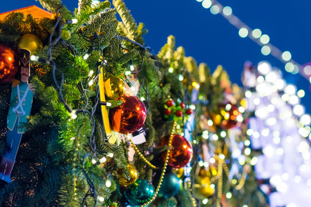 Christmas tree and Christmas decorations out side, new year streetsの写真素材