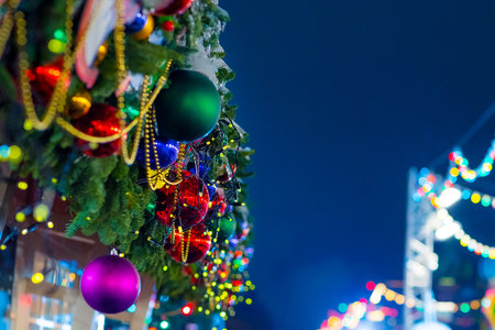 Christmas tree and Christmas decorations out side, new year streetsの写真素材