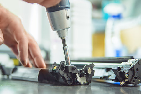 hands repairing laser toner cartridge, screw removalの写真素材