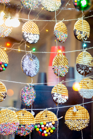 Various types of waffles are on display for saleの写真素材