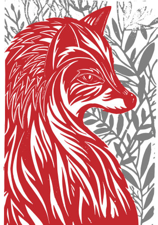 Illustration of a fox. Fox vector illustration. Linocut red fox.のイラスト素材