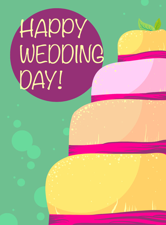 Vector design of wedding card with yellow cake in pink ribbon on green backgroundのイラスト素材